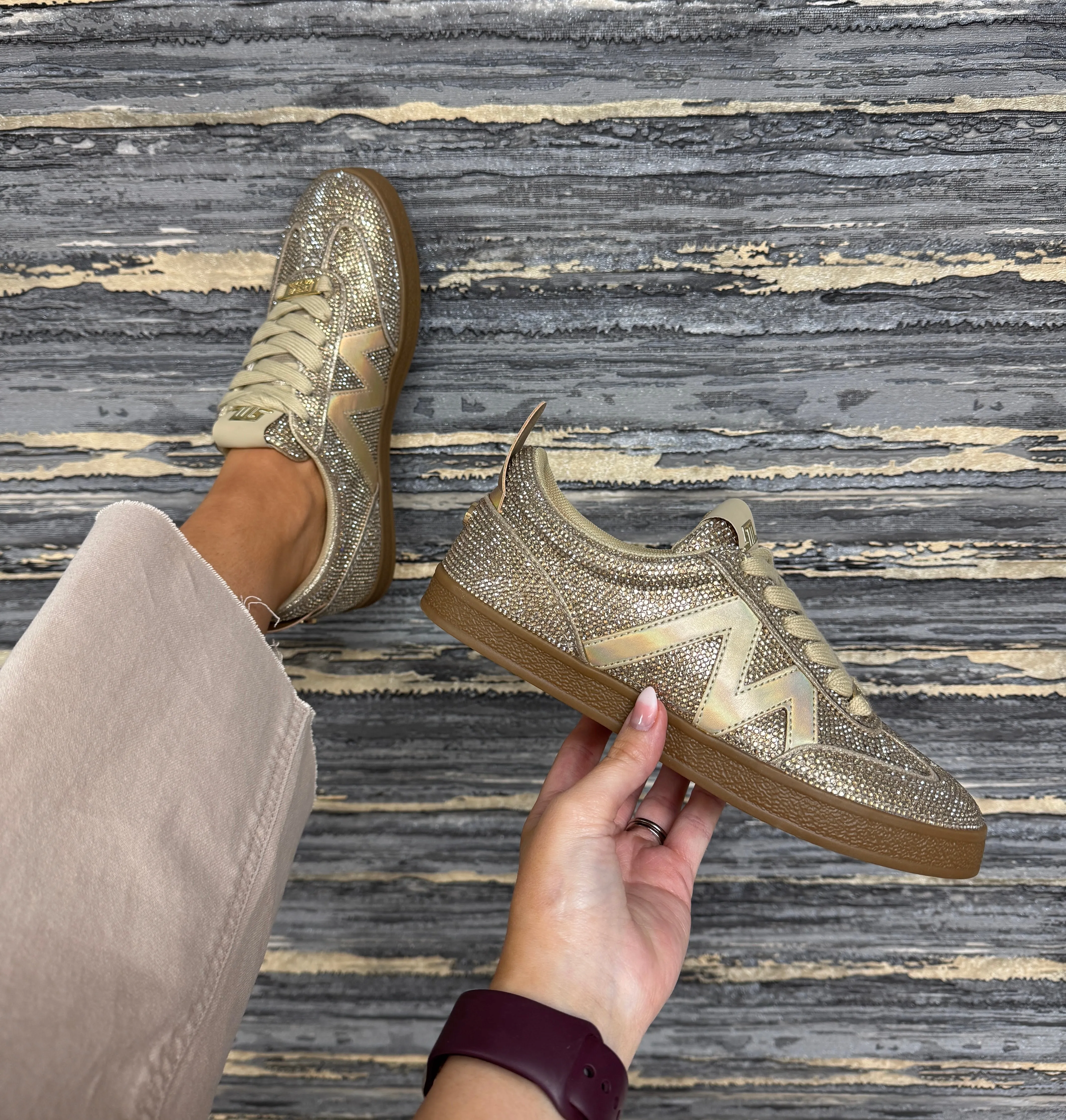 Steve Madden (SM19) Diamanté Gum Sole Trainer with Holographic Logo ‘Degree-R’ - Rose Gold