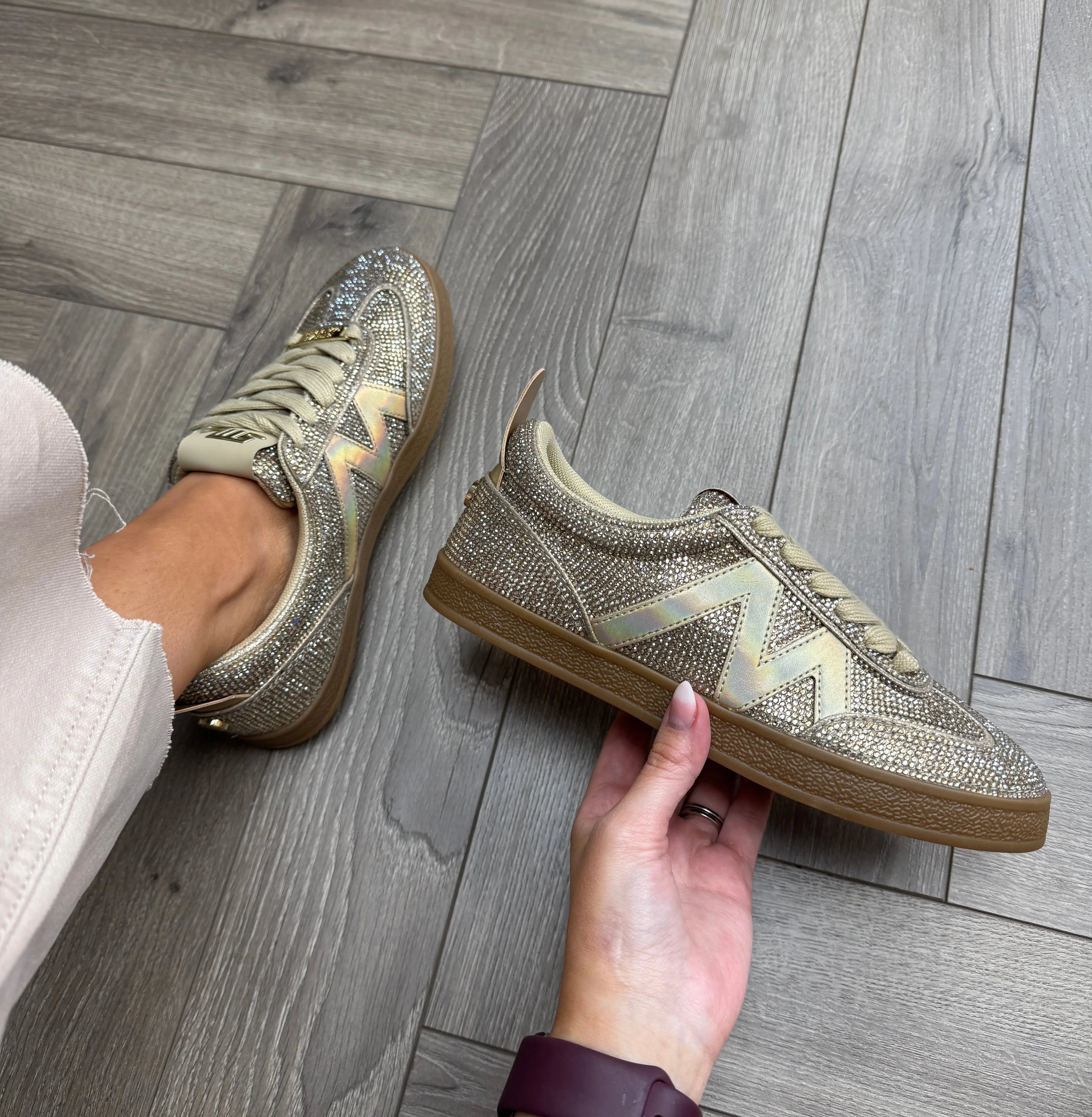 Steve Madden (SM19) Diamanté Gum Sole Trainer with Holographic Logo ‘Degree-R’ - Rose Gold