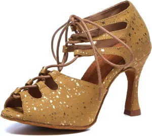 SWDZM Women Open Toe Latin Dance Boots Ballroom Salsa Performance Practice Lace-up Ankle Dance Shoes,Model L552