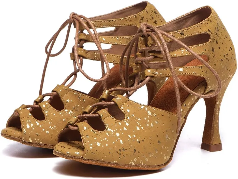 SWDZM Women Open Toe Latin Dance Boots Ballroom Salsa Performance Practice Lace-up Ankle Dance Shoes,Model L552