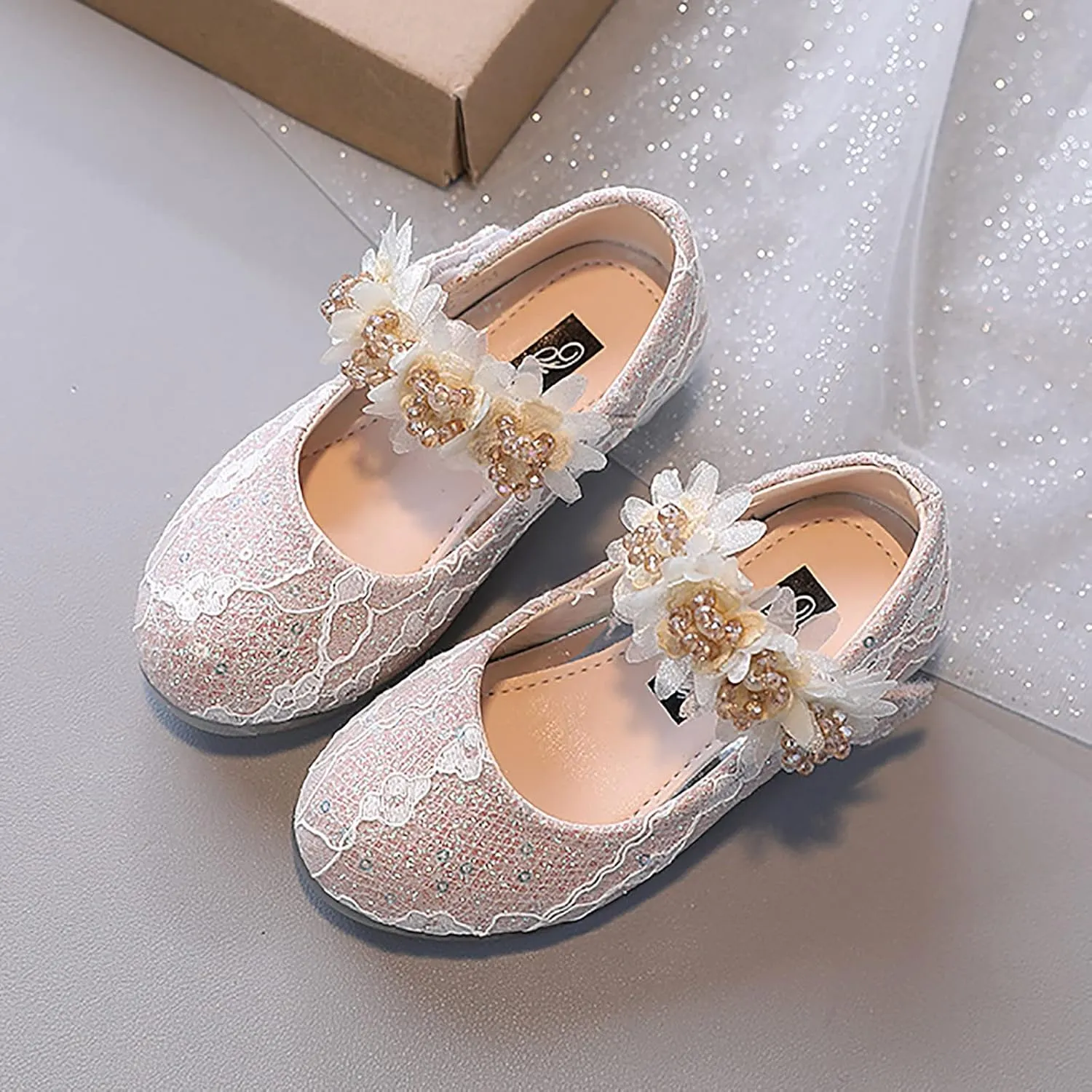 Toddler Girls Dress Shoes Flower Girl Shoes Ankle Strap Ballet Flat Pearls Mary Jane Wedding Party Flower Toddler Shoes