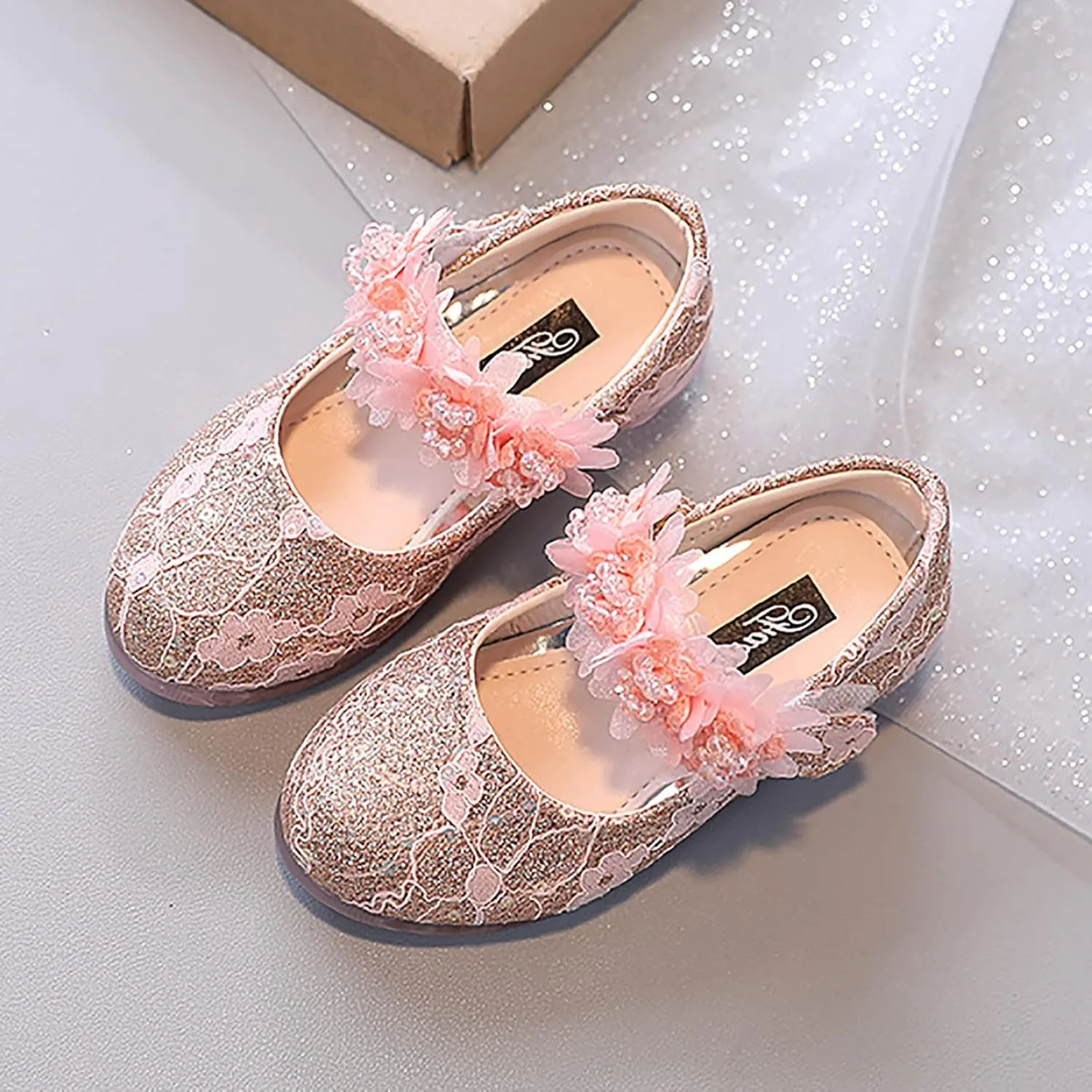 Toddler Girls Dress Shoes Flower Girl Shoes Ankle Strap Ballet Flat Pearls Mary Jane Wedding Party Flower Toddler Shoes