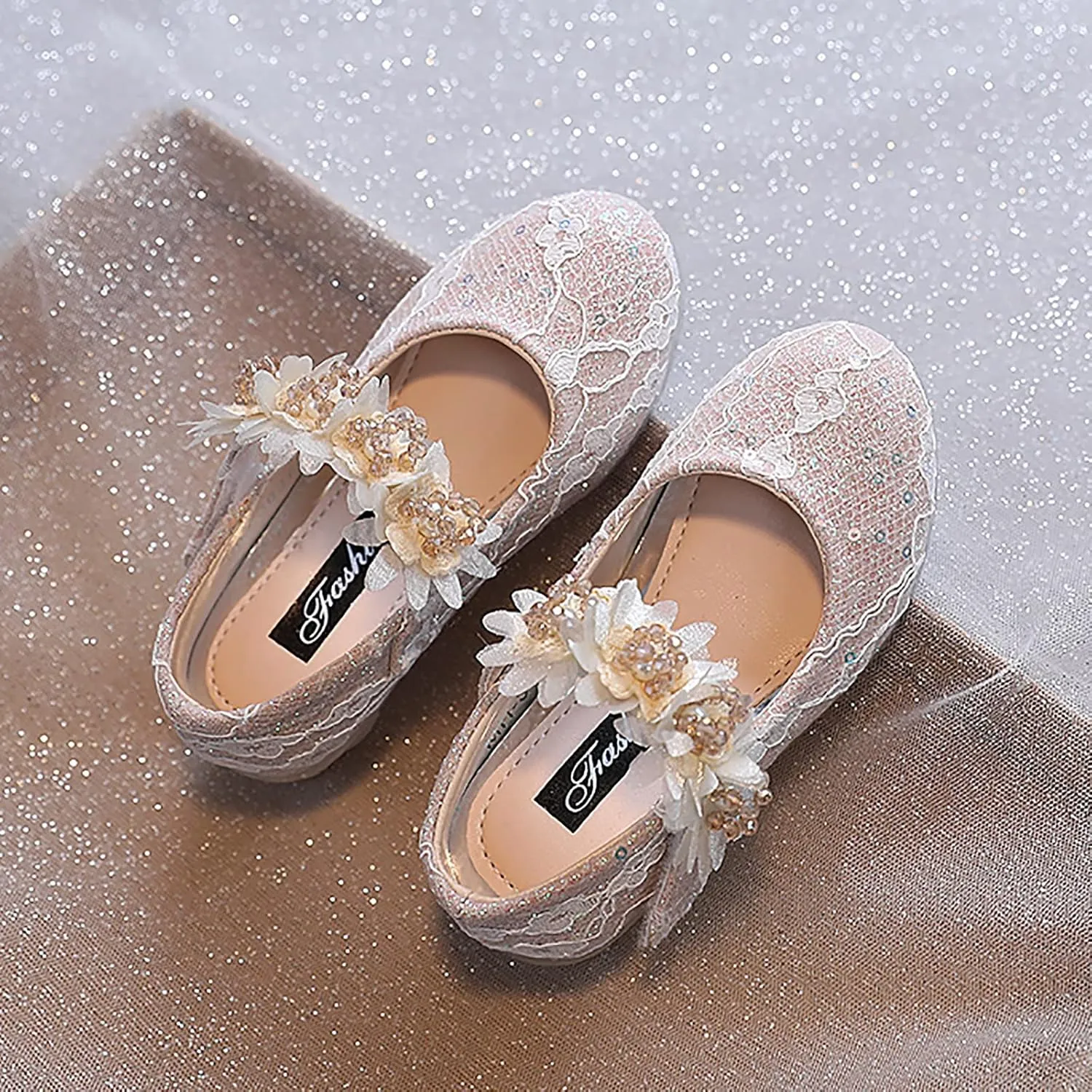 Toddler Girls Dress Shoes Flower Girl Shoes Ankle Strap Ballet Flat Pearls Mary Jane Wedding Party Flower Toddler Shoes