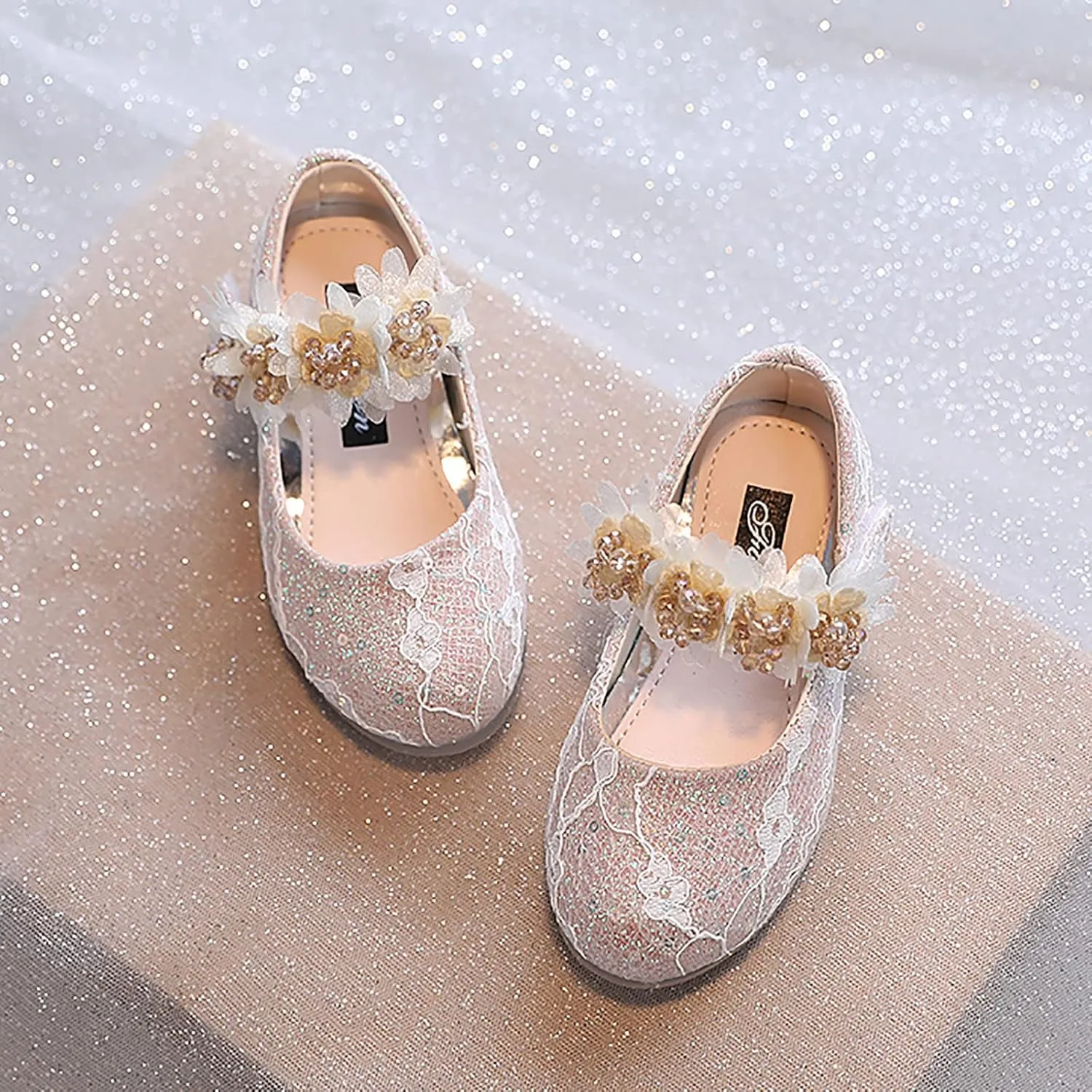Toddler Girls Dress Shoes Flower Girl Shoes Ankle Strap Ballet Flat Pearls Mary Jane Wedding Party Flower Toddler Shoes