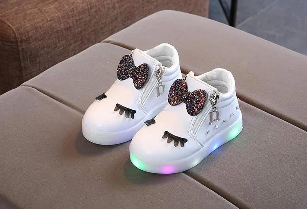 Toddler Girls hinestone Light Up Sneaker High Top Slip On Rubber Bottom Zipper Cute Fashion Baby Dressing Shoes Girl