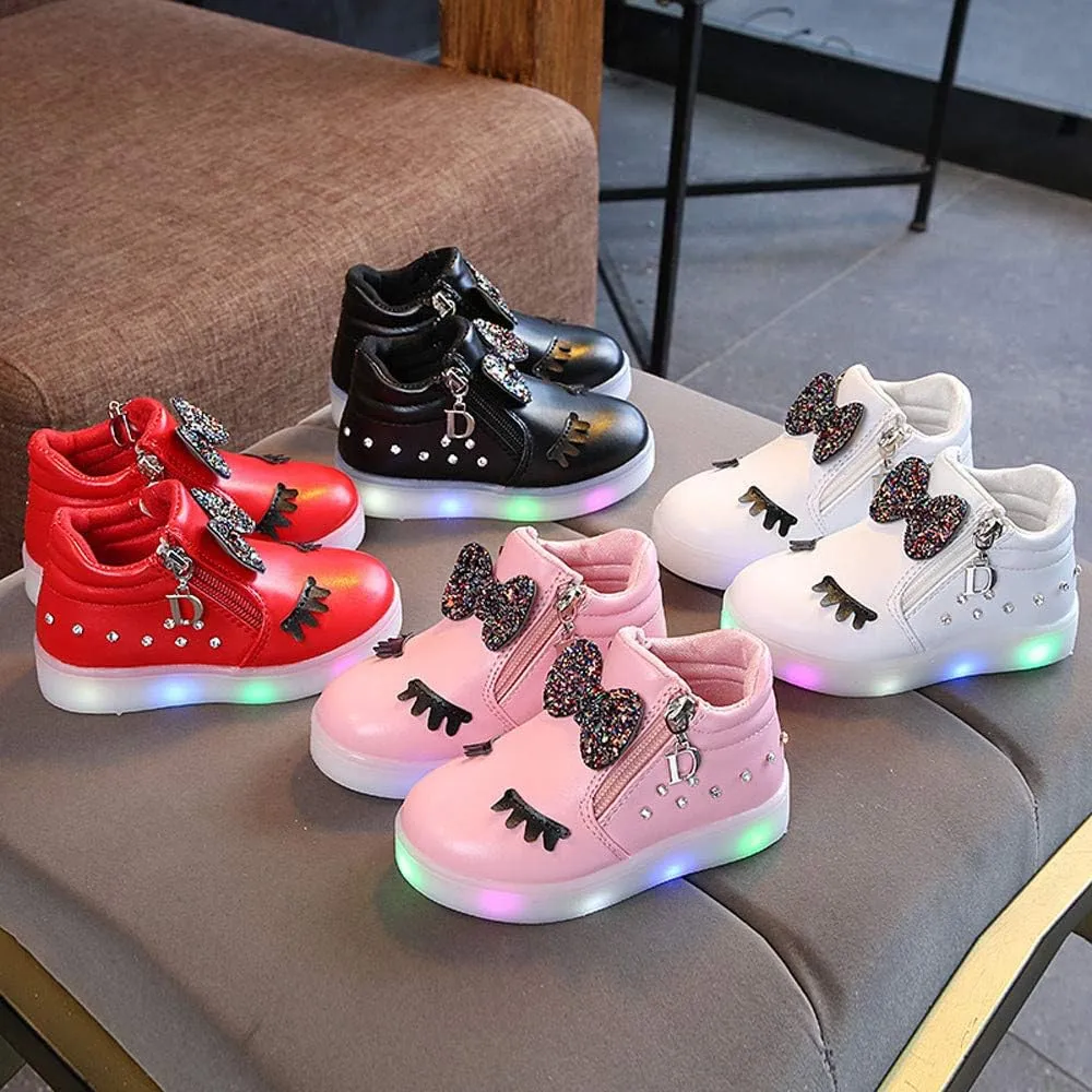 Toddler Girls hinestone Light Up Sneaker High Top Slip On Rubber Bottom Zipper Cute Fashion Baby Dressing Shoes Girl
