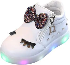 Toddler Girls hinestone Light Up Sneaker High Top Slip On Rubber Bottom Zipper Cute Fashion Baby Dressing Shoes Girl