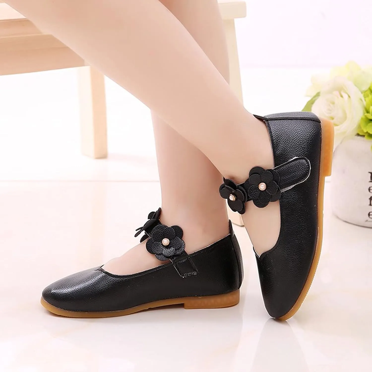 Toddler/Little Girls Mary Jane Ballerina Flat Flower Girl Non-Slip Soft Slip On Princess Dress Shoes for Wedding