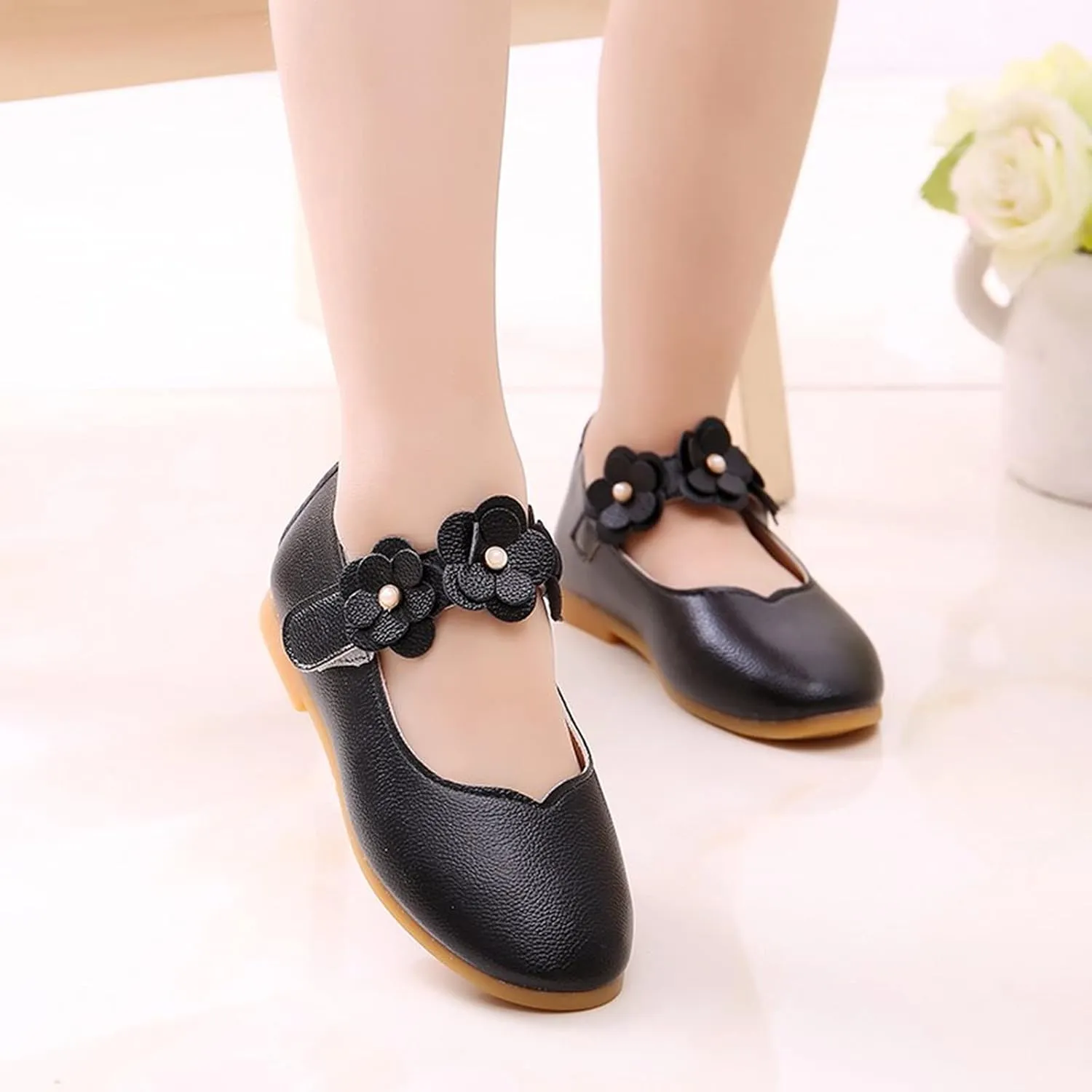 Toddler/Little Girls Mary Jane Ballerina Flat Flower Girl Non-Slip Soft Slip On Princess Dress Shoes for Wedding