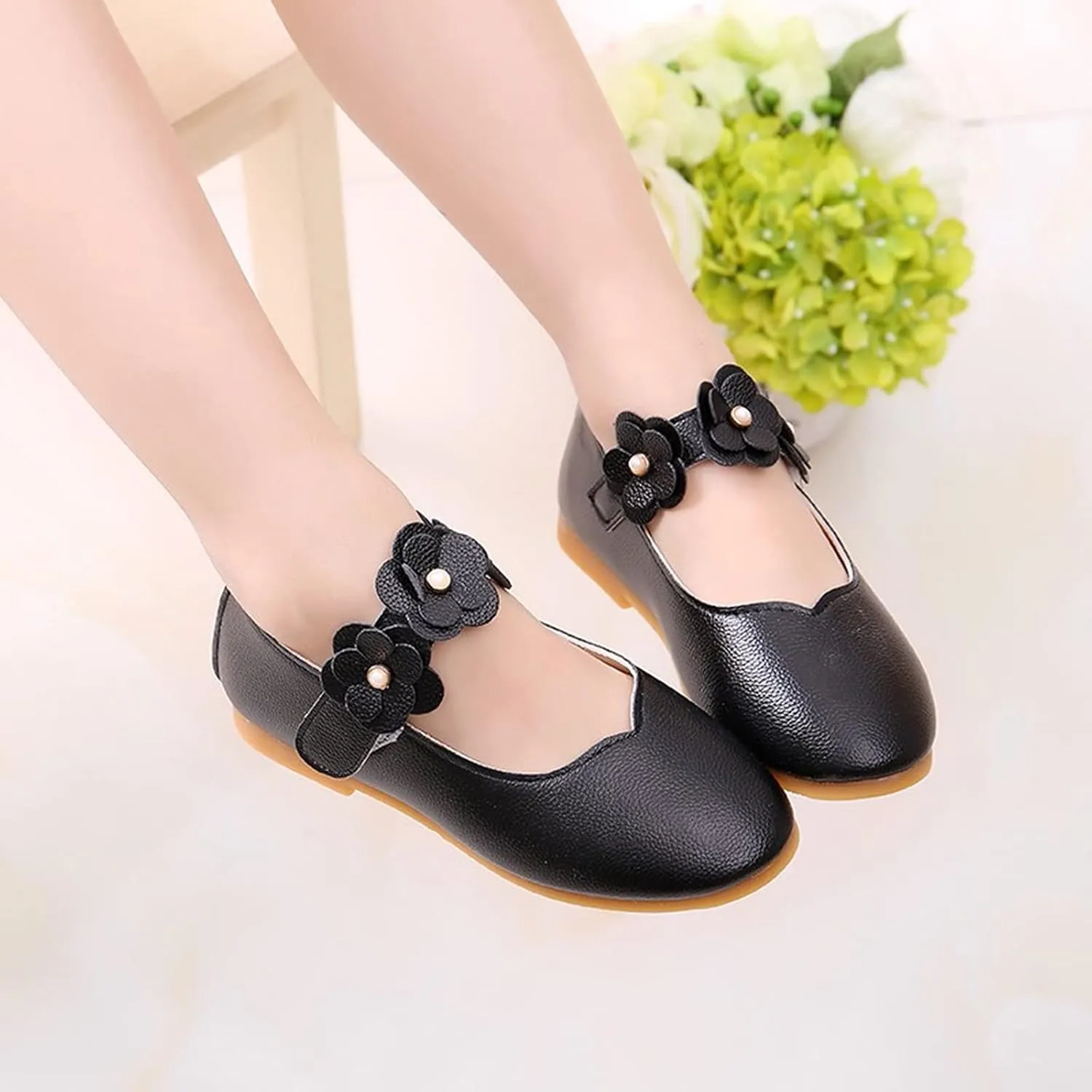 Toddler/Little Girls Mary Jane Ballerina Flat Flower Girl Non-Slip Soft Slip On Princess Dress Shoes for Wedding