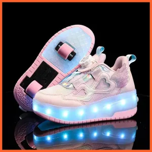 Usb Charging Children Two Girls Wheels Luminous Glowing Sneakers