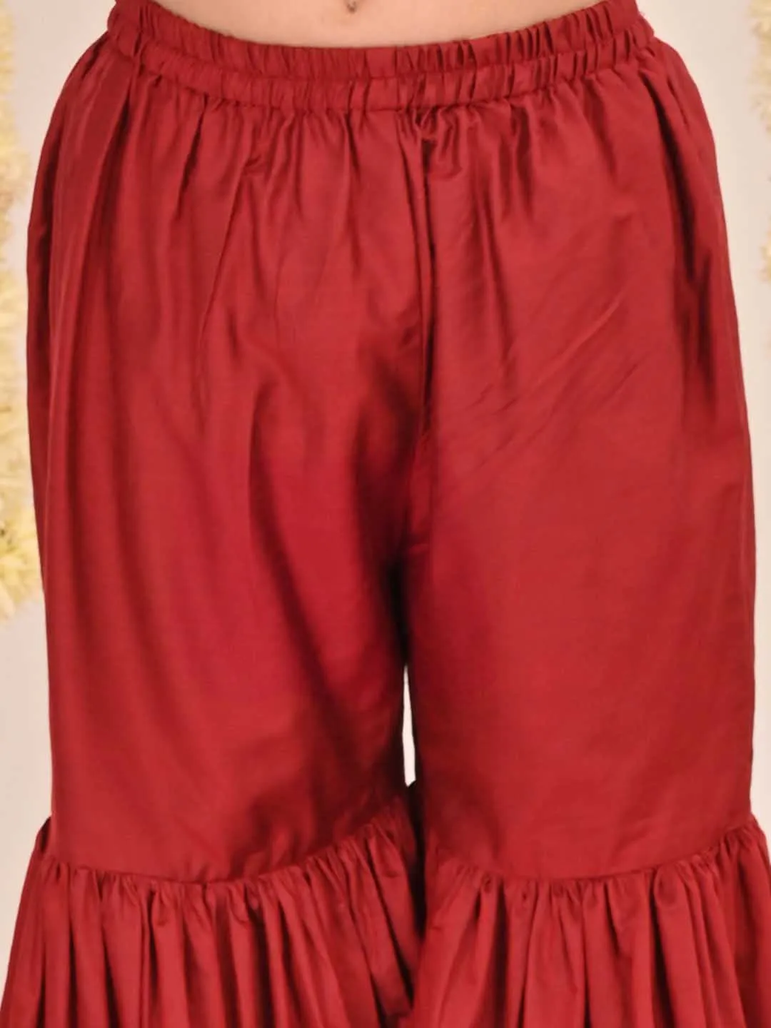 VASTRAMAY Girls' Maroon Embellished Kurta Palazzo Set