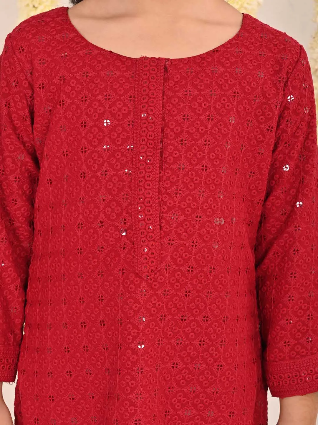 VASTRAMAY Girls' Maroon Embellished Kurta Palazzo Set