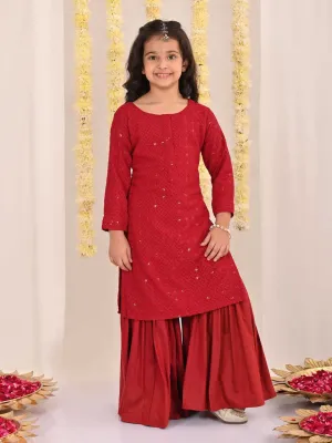 VASTRAMAY Girls' Maroon Embellished Kurta Palazzo Set
