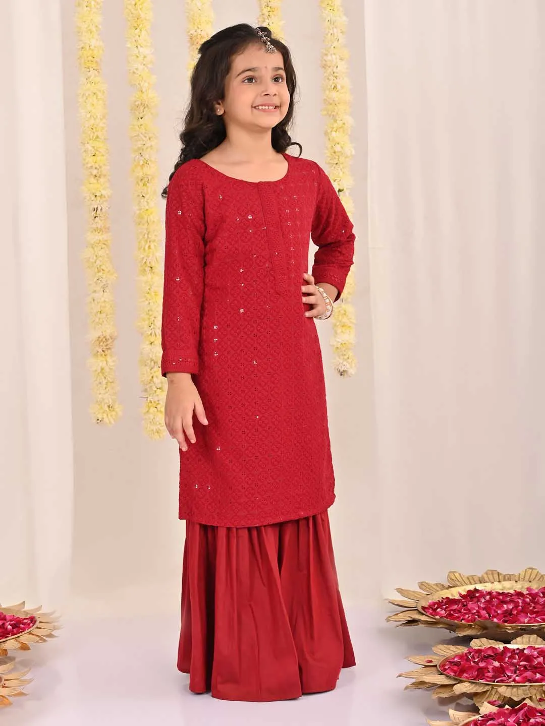 VASTRAMAY Girls' Maroon Embellished Kurta Palazzo Set