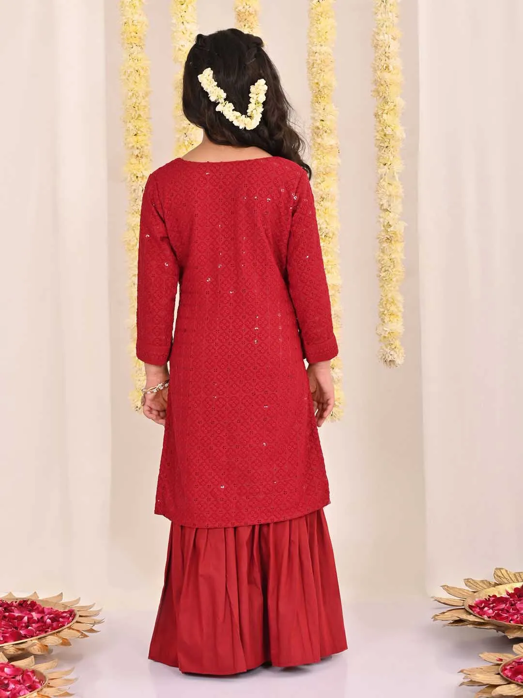 VASTRAMAY Girls' Maroon Embellished Kurta Palazzo Set