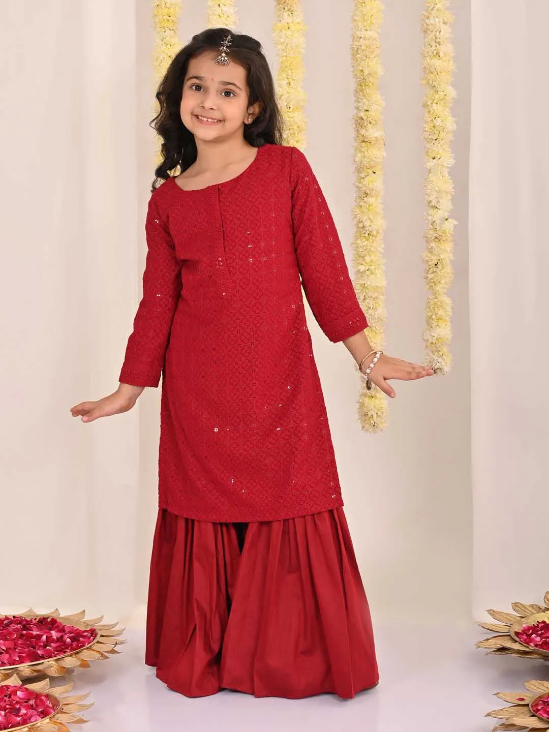 VASTRAMAY Girls' Maroon Embellished Kurta Palazzo Set