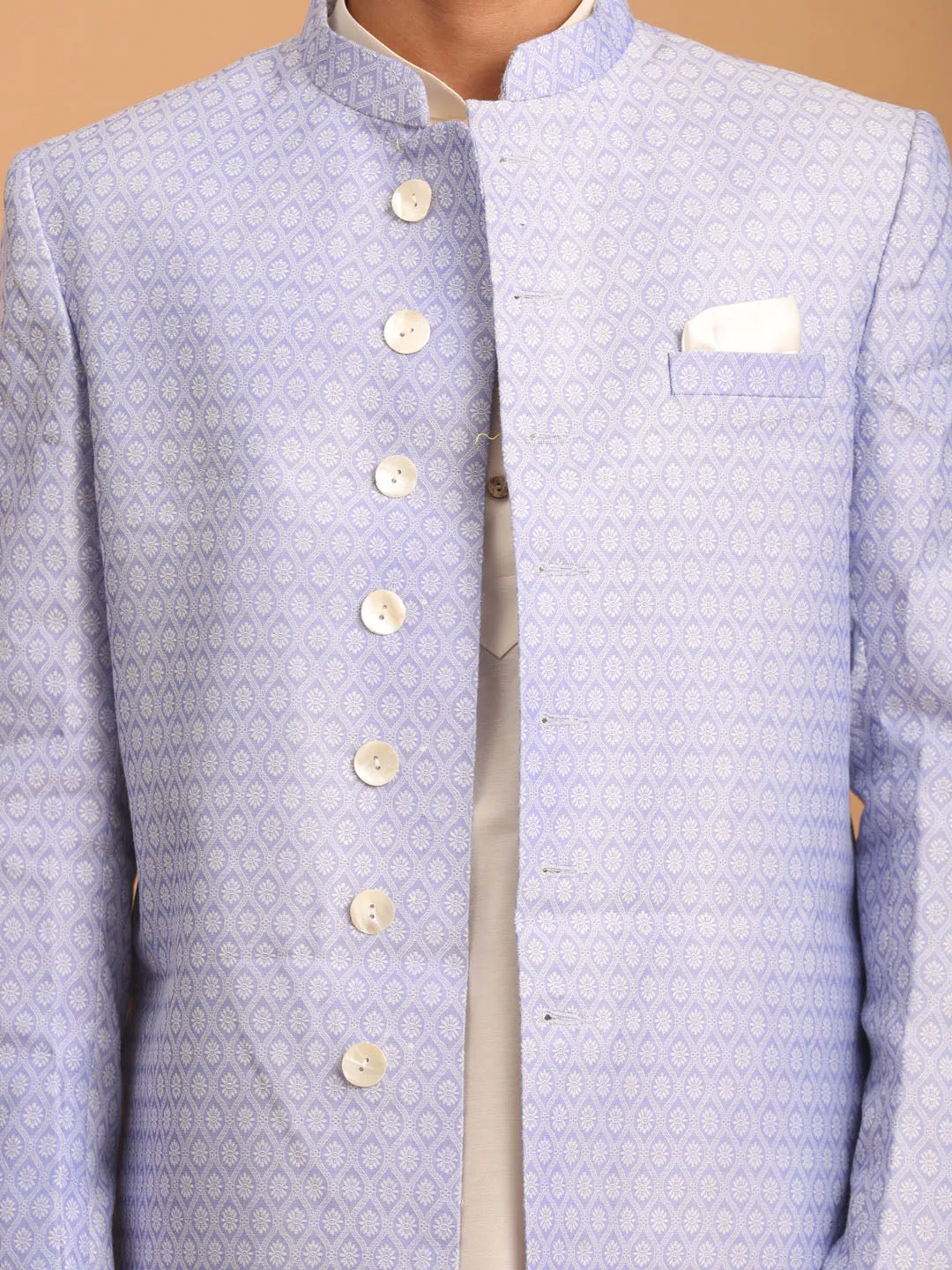 VASTRAMAY Men's Lavender Sherwani With Cream Kurta And Pant Set