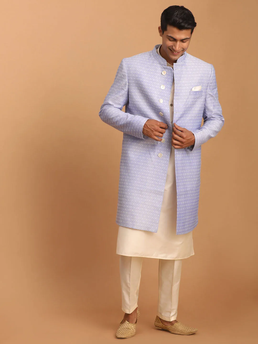 VASTRAMAY Men's Lavender Sherwani With Cream Kurta And Pant Set