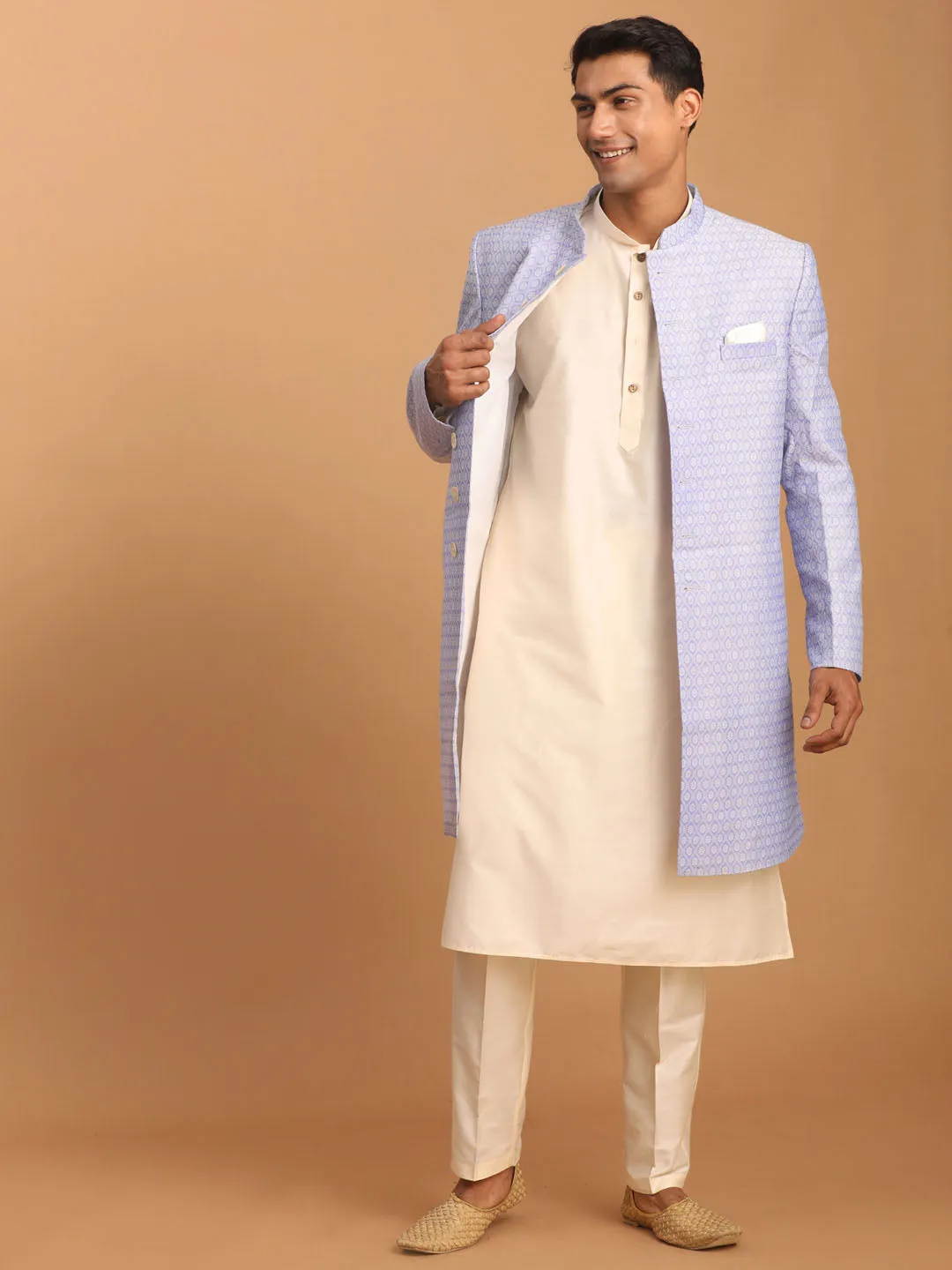VASTRAMAY Men's Lavender Sherwani With Cream Kurta And Pant Set