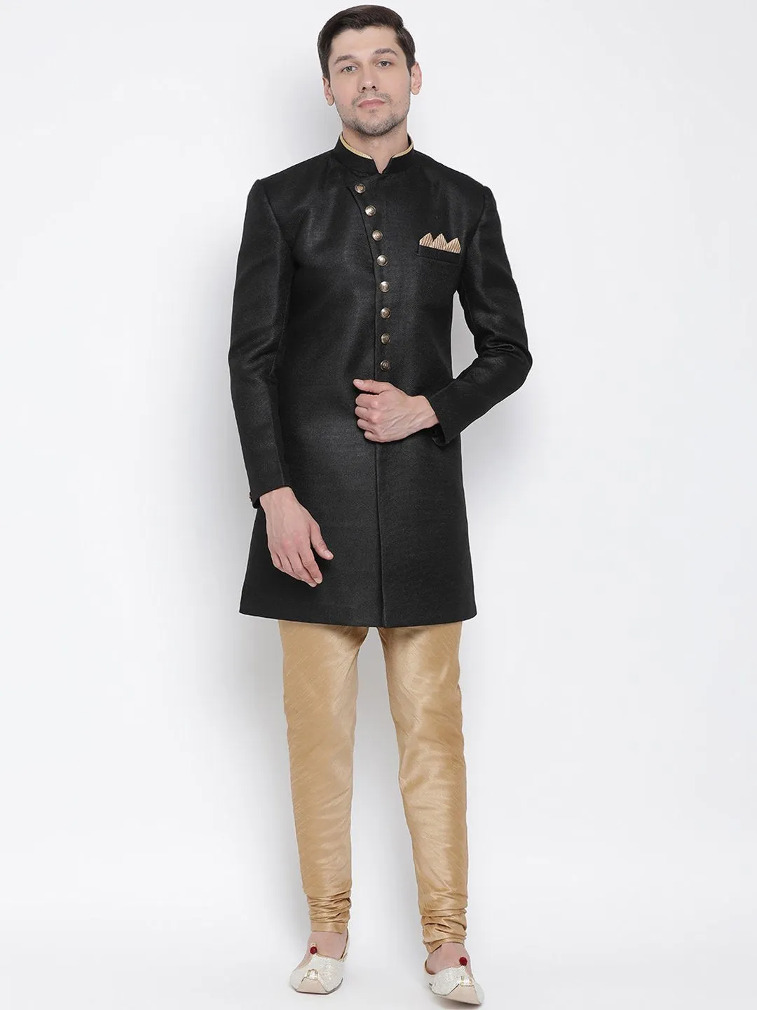 VM By VASTRAMAY Men's Black Silk Blend Sherwani Set