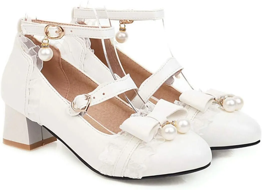 VOKLIN Women's Girls Lolita Mary Jane Pumps Princess Sweet Bow Lace Ankle Strap Low Heel Oxford Dress Shoes