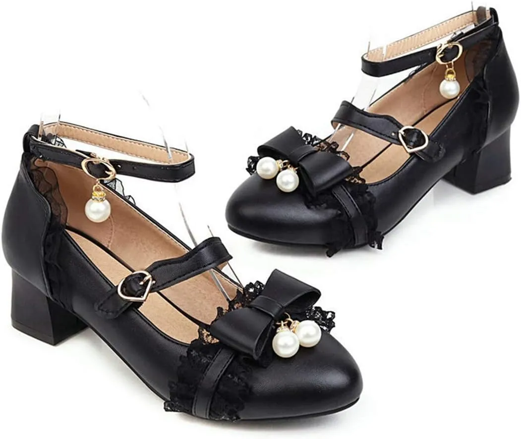 VOKLIN Women's Girls Lolita Mary Jane Pumps Princess Sweet Bow Lace Ankle Strap Low Heel Oxford Dress Shoes