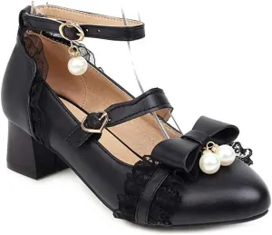VOKLIN Women's Girls Lolita Mary Jane Pumps Princess Sweet Bow Lace Ankle Strap Low Heel Oxford Dress Shoes