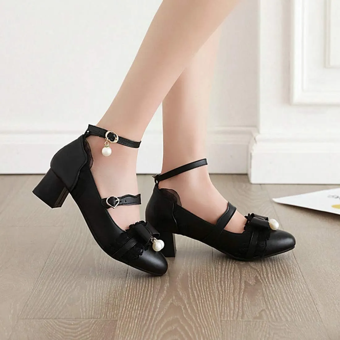 VOKLIN Women's Girls Lolita Mary Jane Pumps Princess Sweet Bow Lace Ankle Strap Low Heel Oxford Dress Shoes