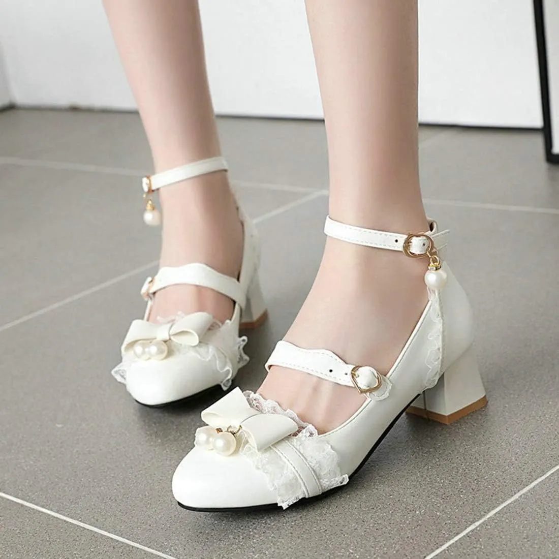 VOKLIN Women's Girls Lolita Mary Jane Pumps Princess Sweet Bow Lace Ankle Strap Low Heel Oxford Dress Shoes