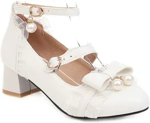 VOKLIN Women's Girls Lolita Mary Jane Pumps Princess Sweet Bow Lace Ankle Strap Low Heel Oxford Dress Shoes