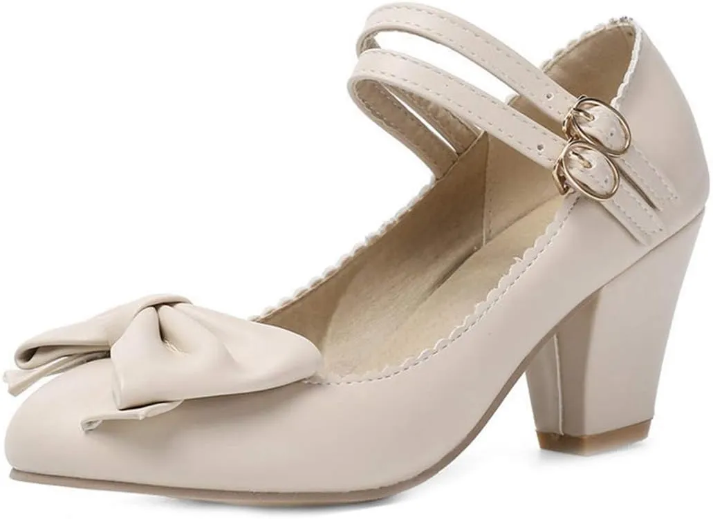 VOKLIN Women's Girls Lolita Mary Jane Pumps Sweet Bow Ankle Strap Platform Block High Heel Oxford Dress Shoes