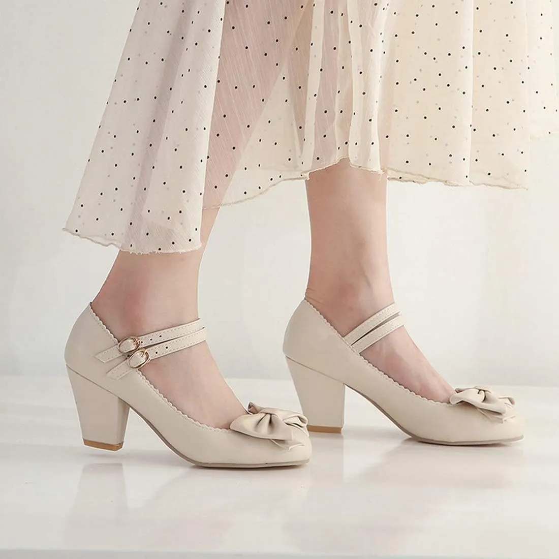 VOKLIN Women's Girls Lolita Mary Jane Pumps Sweet Bow Ankle Strap Platform Block High Heel Oxford Dress Shoes