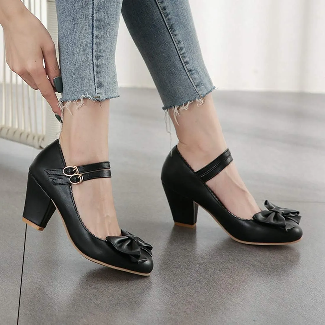 VOKLIN Women's Girls Lolita Mary Jane Pumps Sweet Bow Ankle Strap Platform Block High Heel Oxford Dress Shoes