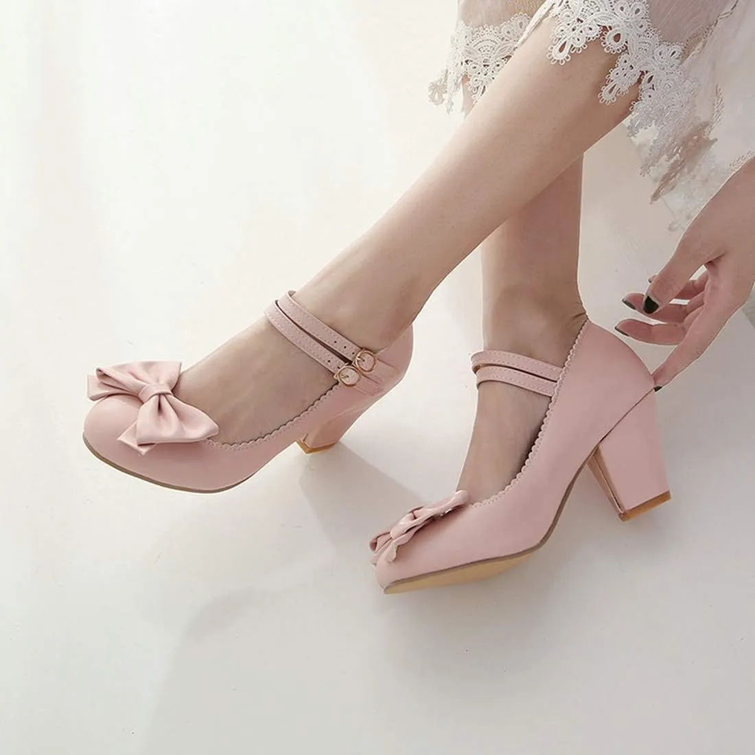 VOKLIN Women's Girls Lolita Mary Jane Pumps Sweet Bow Ankle Strap Platform Block High Heel Oxford Dress Shoes