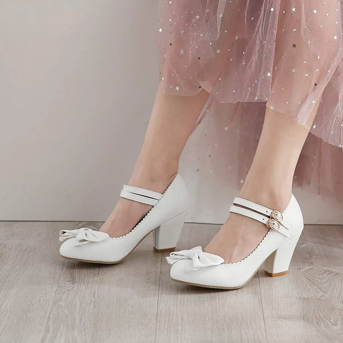VOKLIN Women's Girls Lolita Mary Jane Pumps Sweet Bow Ankle Strap Platform Block High Heel Oxford Dress Shoes