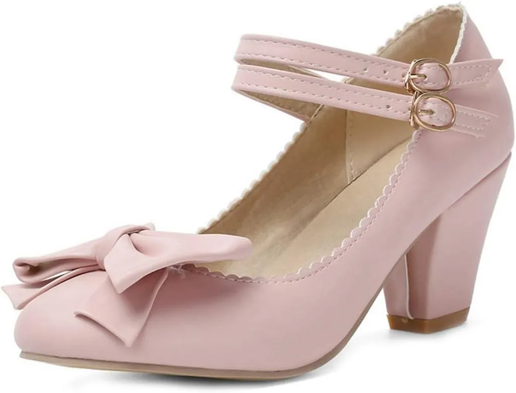 VOKLIN Women's Girls Lolita Mary Jane Pumps Sweet Bow Ankle Strap Platform Block High Heel Oxford Dress Shoes