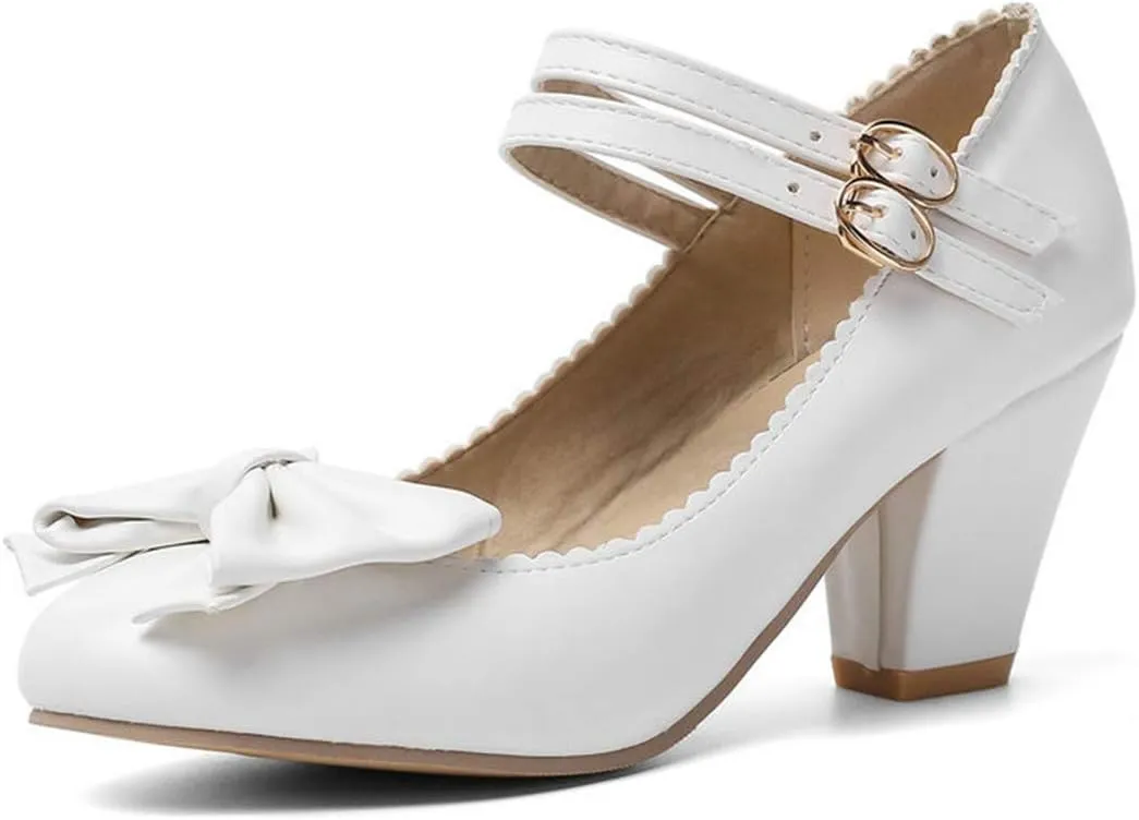 VOKLIN Women's Girls Lolita Mary Jane Pumps Sweet Bow Ankle Strap Platform Block High Heel Oxford Dress Shoes