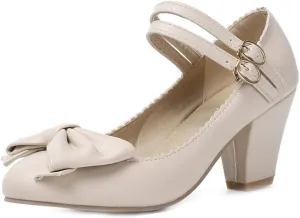 VOKLIN Women's Girls Lolita Mary Jane Pumps Sweet Bow Ankle Strap Platform Block High Heel Oxford Dress Shoes