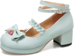 VOKLIN Women's Girls Lolita Mary Jane Pumps Sweet Bow Ankle Strap Platform Block Mid Heel Oxford Dress Shoes