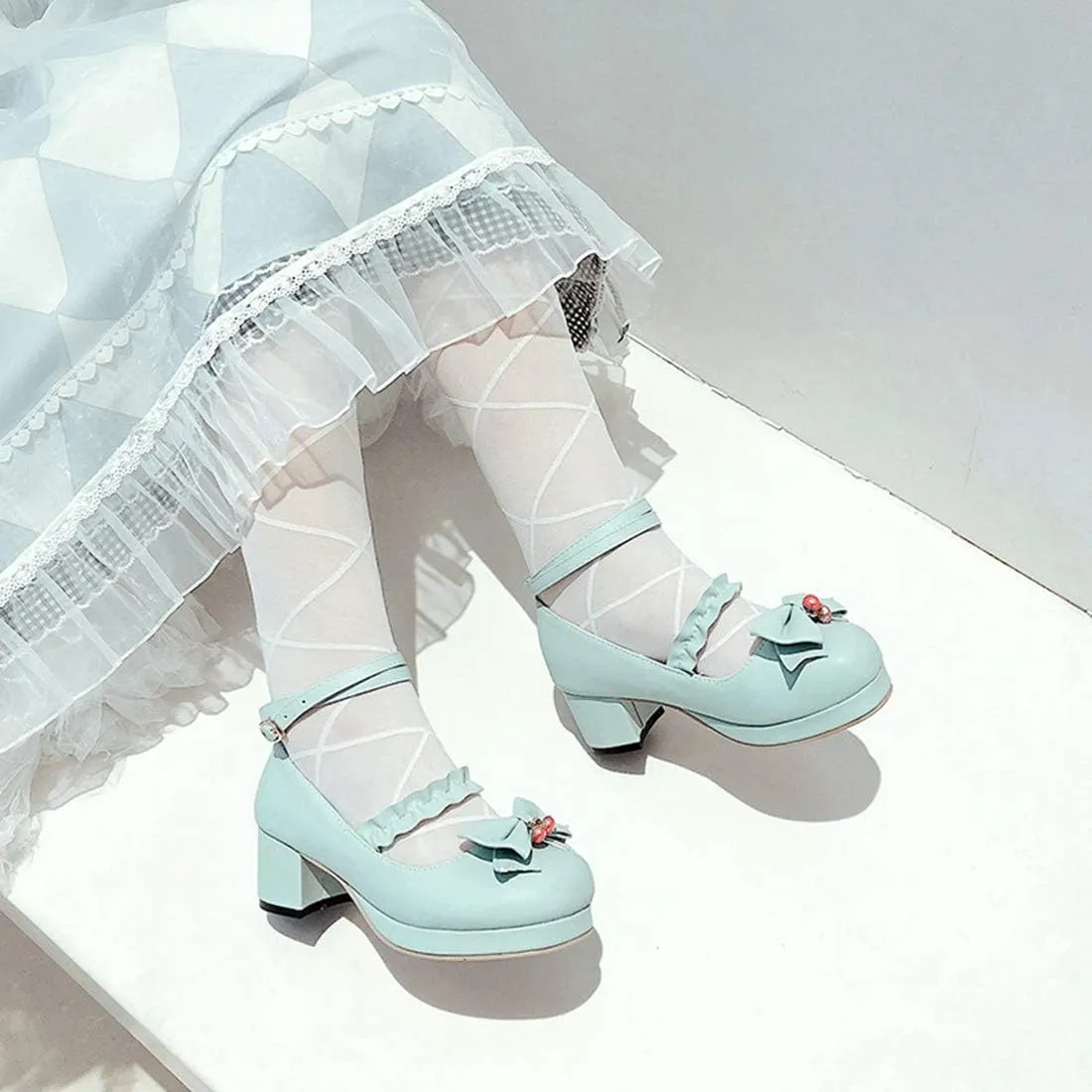 VOKLIN Women's Girls Lolita Mary Jane Pumps Sweet Bow Ankle Strap Platform Block Mid Heel Oxford Dress Shoes