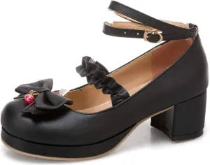 VOKLIN Women's Girls Lolita Mary Jane Pumps Sweet Bow Ankle Strap Platform Block Mid Heel Oxford Dress Shoes