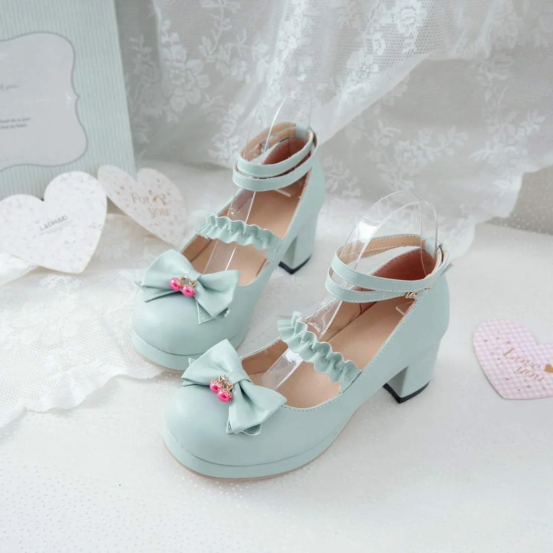 VOKLIN Women's Girls Lolita Mary Jane Pumps Sweet Bow Ankle Strap Platform Block Mid Heel Oxford Dress Shoes