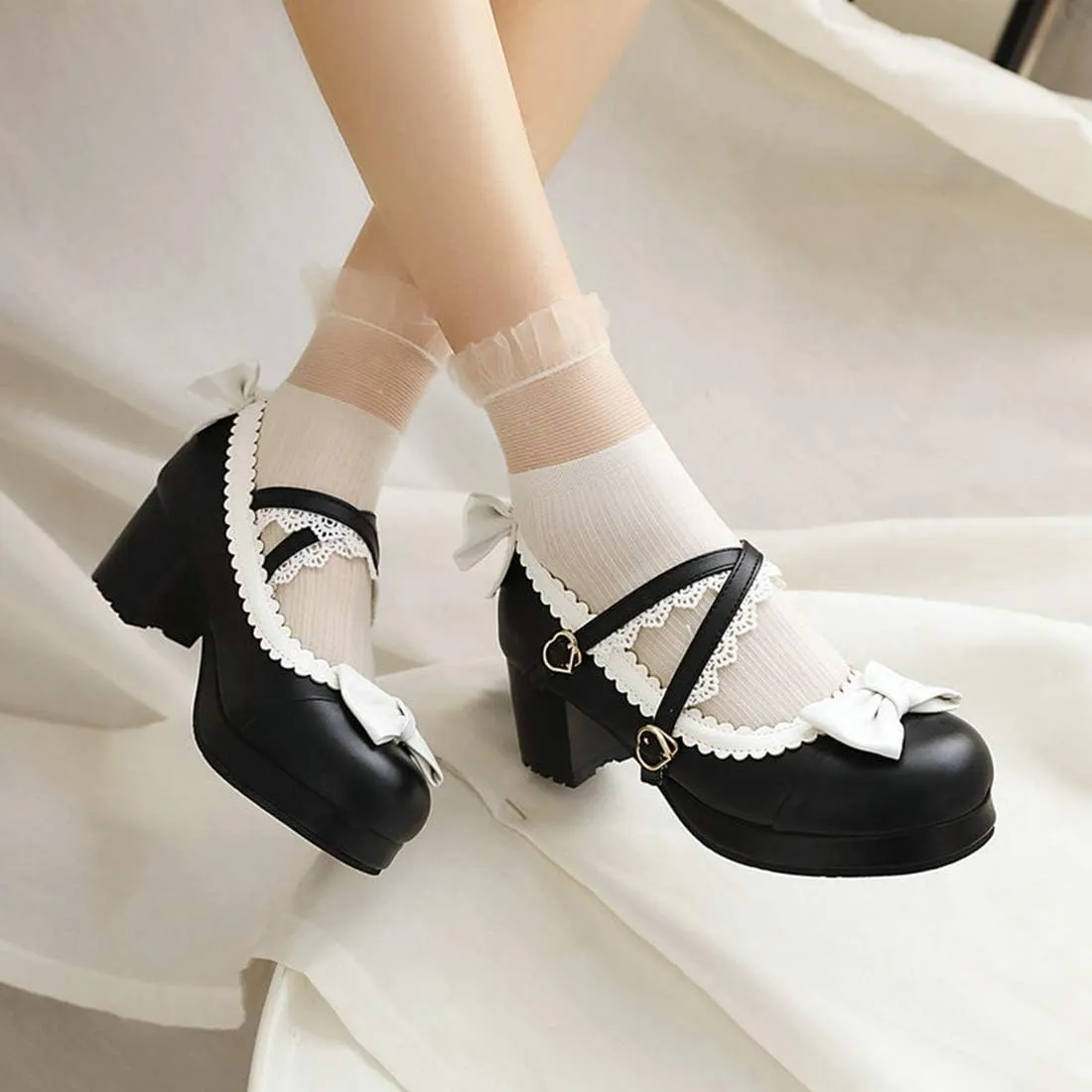 VOKLIN Women's Girls Lolita Mary Jane Pumps Sweet Bow Cross Ankle Strap Mid Heel Princess Oxford Dress Shoes