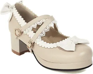 VOKLIN Women's Girls Lolita Mary Jane Pumps Sweet Bow Cross Ankle Strap Mid Heel Princess Oxford Dress Shoes