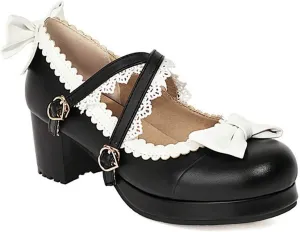 VOKLIN Women's Girls Lolita Mary Jane Pumps Sweet Bow Cross Ankle Strap Mid Heel Princess Oxford Dress Shoes