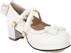 VOKLIN Women's Girls Lolita Mary Jane Pumps Sweet Bow Cross Ankle Strap Mid Heel Princess Oxford Dress Shoes