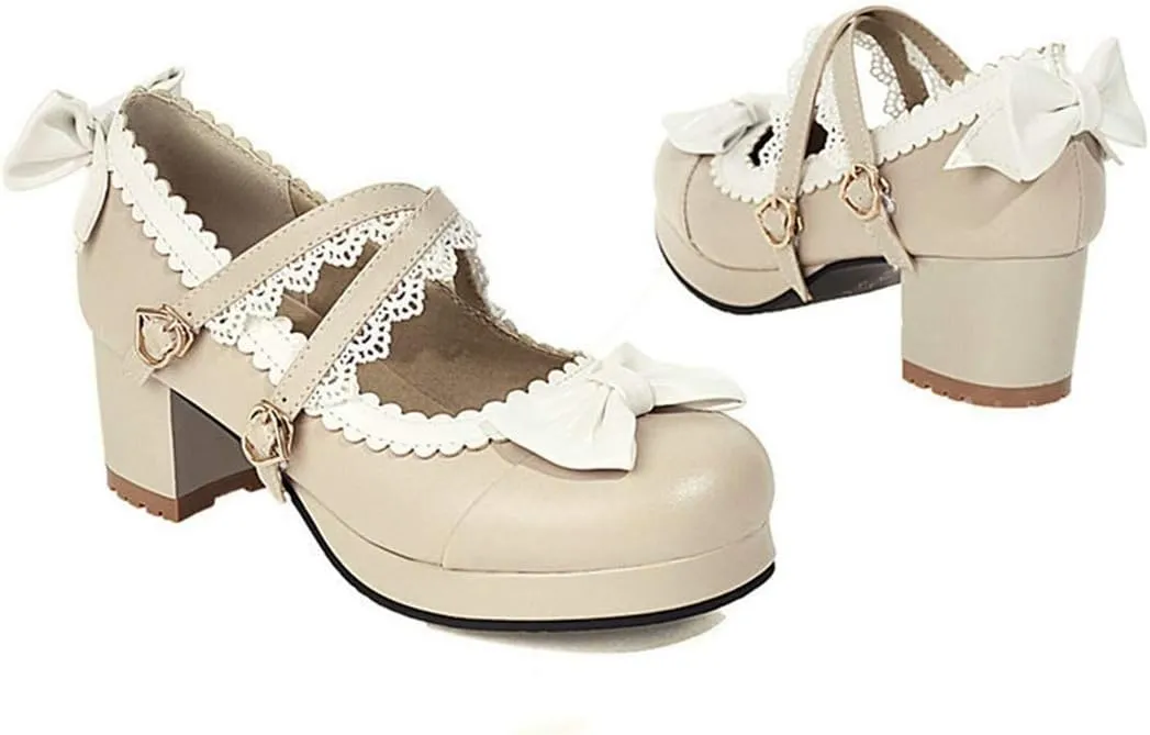 VOKLIN Women's Girls Lolita Mary Jane Pumps Sweet Bow Cross Ankle Strap Mid Heel Princess Oxford Dress Shoes