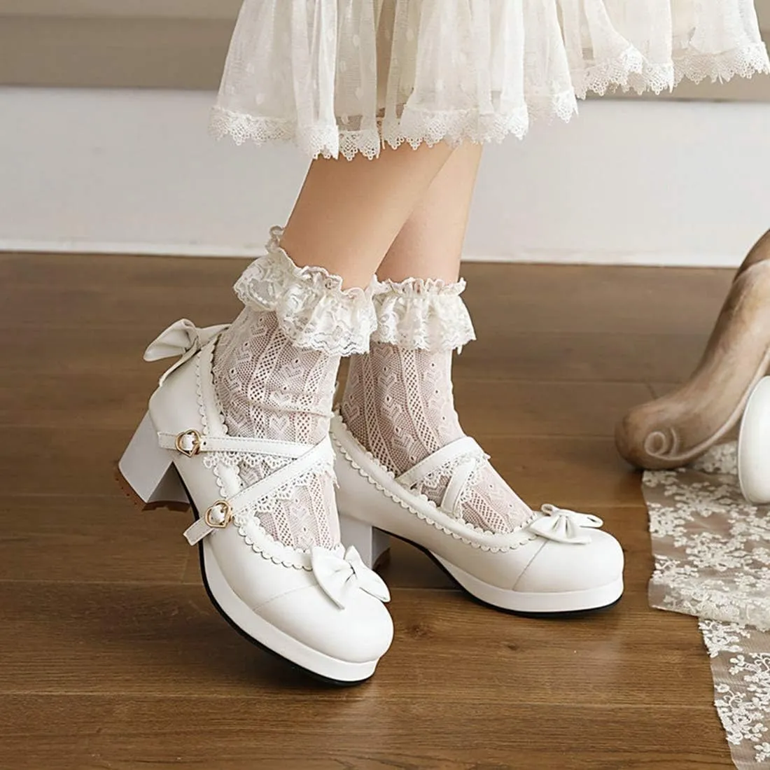 VOKLIN Women's Girls Lolita Mary Jane Pumps Sweet Bow Cross Ankle Strap Mid Heel Princess Oxford Dress Shoes