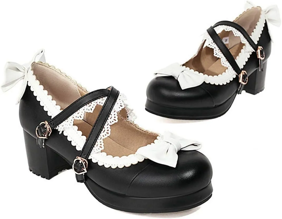 VOKLIN Women's Girls Lolita Mary Jane Pumps Sweet Bow Cross Ankle Strap Mid Heel Princess Oxford Dress Shoes